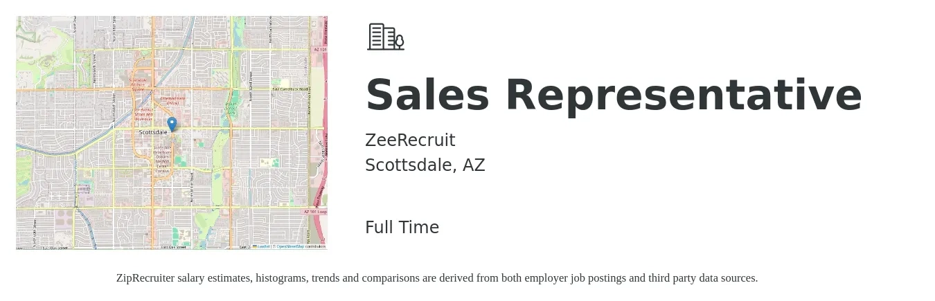 ZeeRecruit job posting for a Sales Representative in Scottsdale, AZ with a salary of $40,000 to $100,000 Yearly with a map of Scottsdale location.