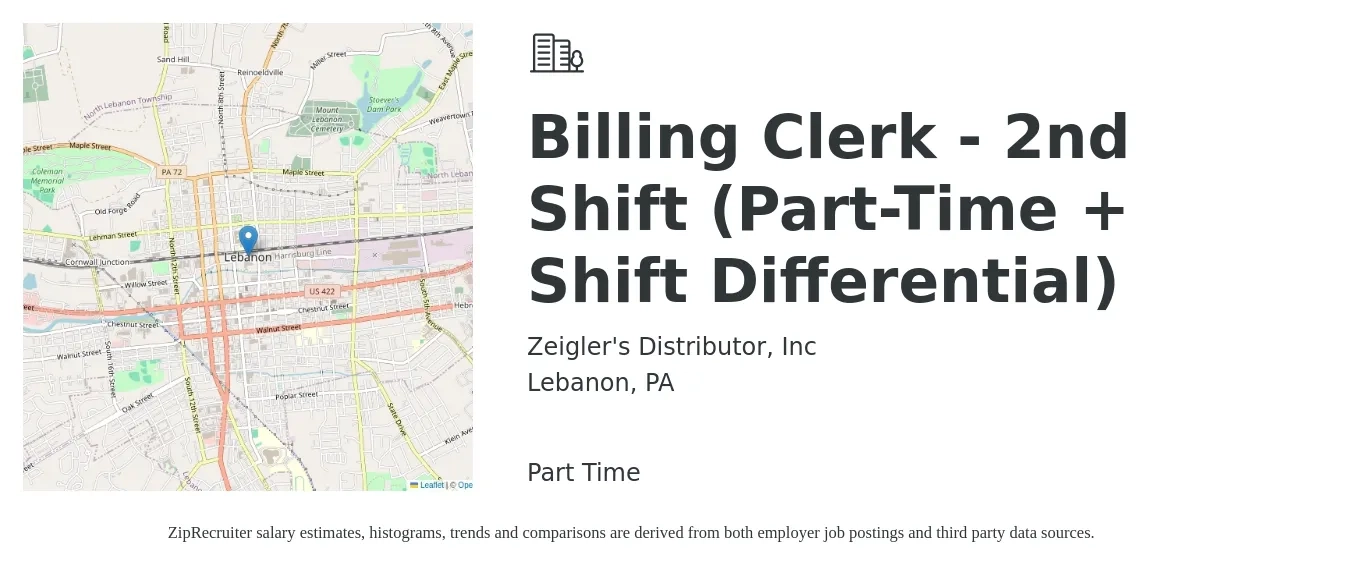 Zeigler's Distributor, Inc job posting for a Billing Clerk - 2nd Shift (Part-Time + Shift Differential) in Lebanon, PA with a salary of $15 Hourly with a map of Lebanon location.