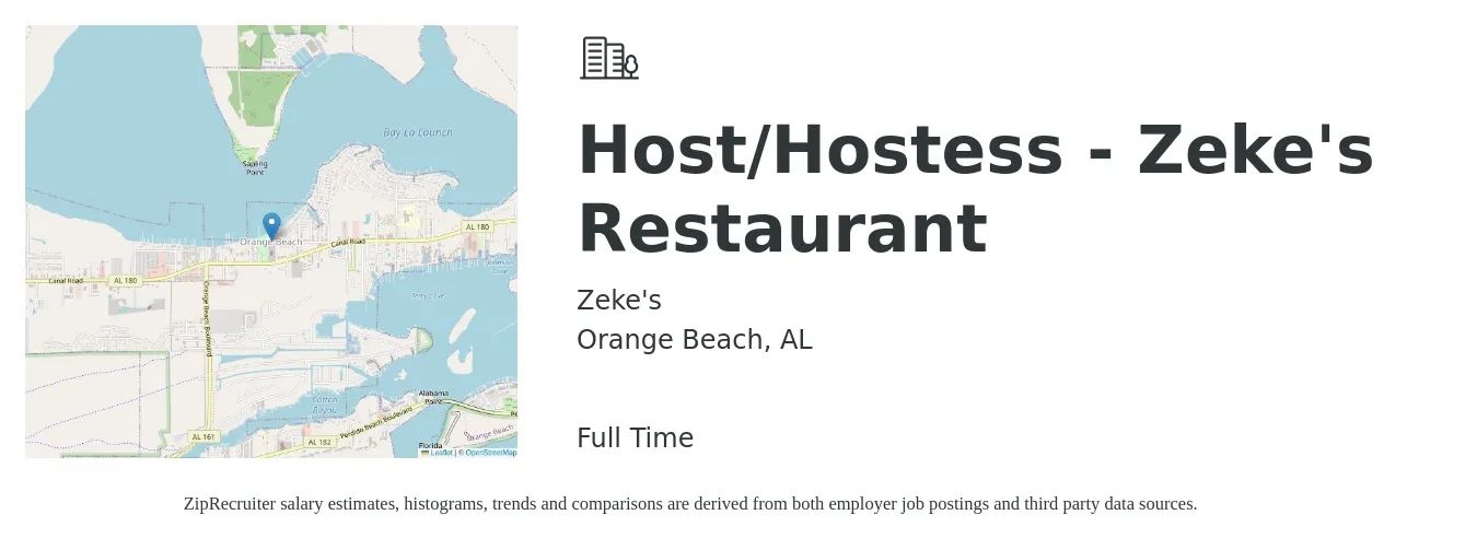 Zeke's job posting for a Host/Hostess - Zeke's Restaurant in Orange Beach, AL with a salary of $10 to $14 Hourly with a map of Orange Beach location.