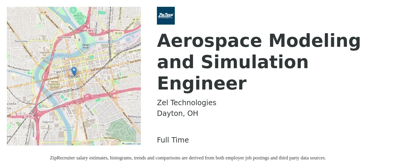 Zel Technologies job posting for a Aerospace Modeling and Simulation Engineer in Dayton, OH with a salary of $86,900 to $138,400 Yearly with a map of Dayton location.