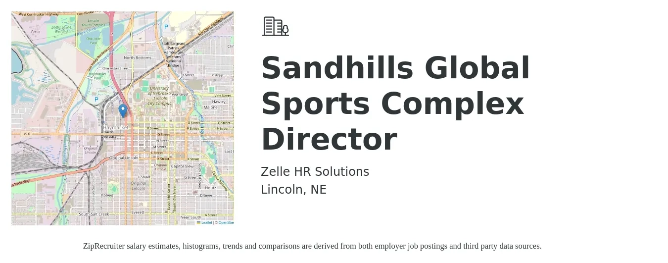 Zelle HR Solutions job posting for a Sandhills Global Sports Complex Director in Lincoln, NE with a salary of $37,300 to $51,300 Yearly with a map of Lincoln location.