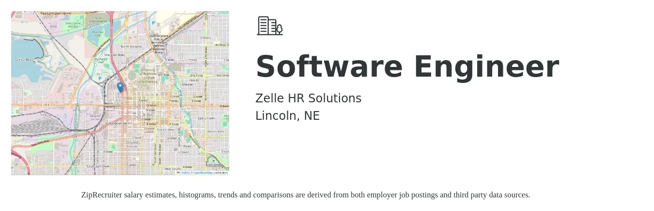 Zelle HR Solutions job posting for a Software Engineer in Lincoln, NE with a salary of $104,500 to $150,600 Yearly with a map of Lincoln location.