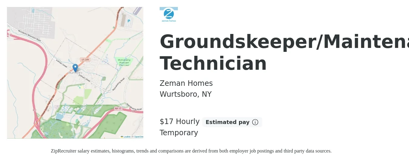 Zeman Homes job posting for a Groundskeeper/Maintenance Technician in Wurtsboro, NY with a salary of $18 Hourly with a map of Wurtsboro location.