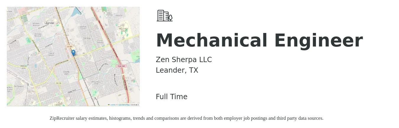 Zen Sherpa LLC job posting for a Mechanical Engineer in Leander, TX with a salary of $77,900 to $120,900 Yearly with a map of Leander location.