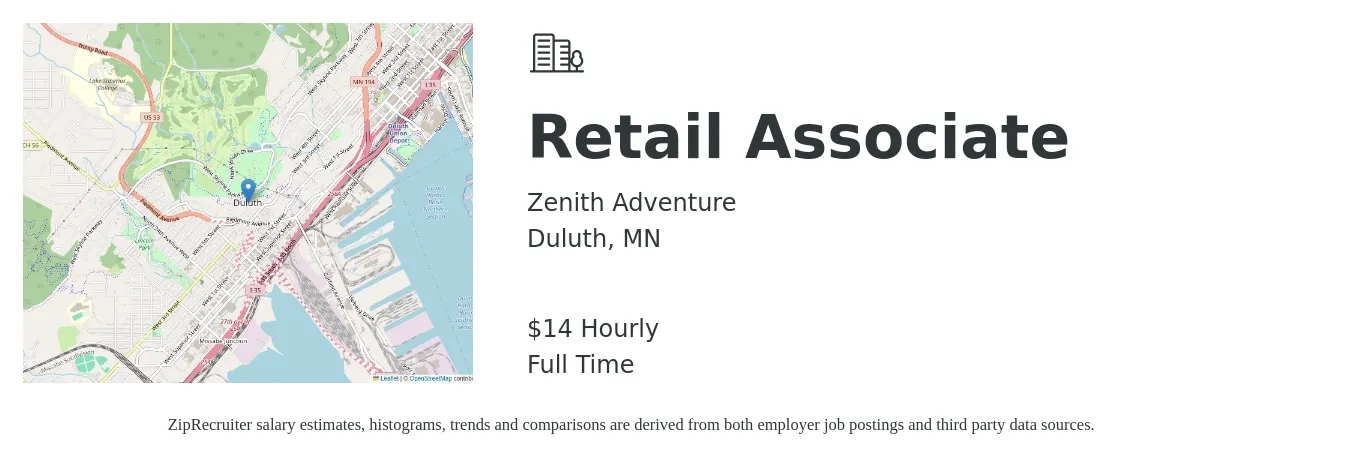Zenith Adventure job posting for a Retail Associate in Duluth, MN with a salary of $15 Hourly with a map of Duluth location.