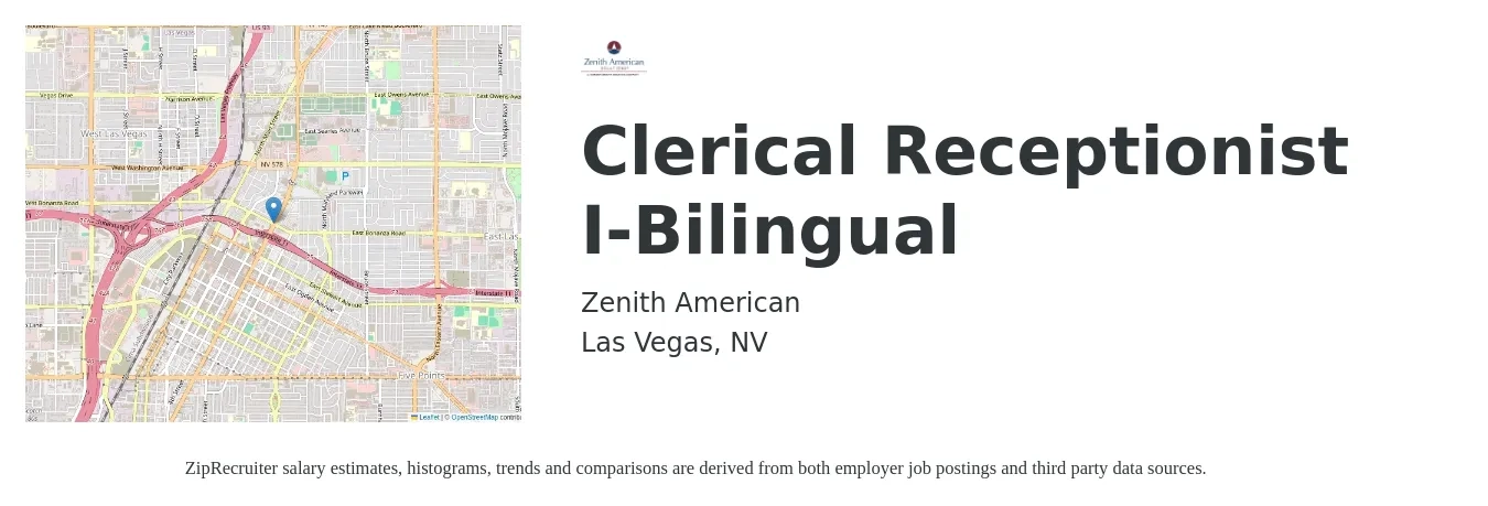 Zenith American job posting for a Clerical Receptionist I-Bilingual in Las Vegas, NV with a salary of $15 to $20 Hourly with a map of Las Vegas location.