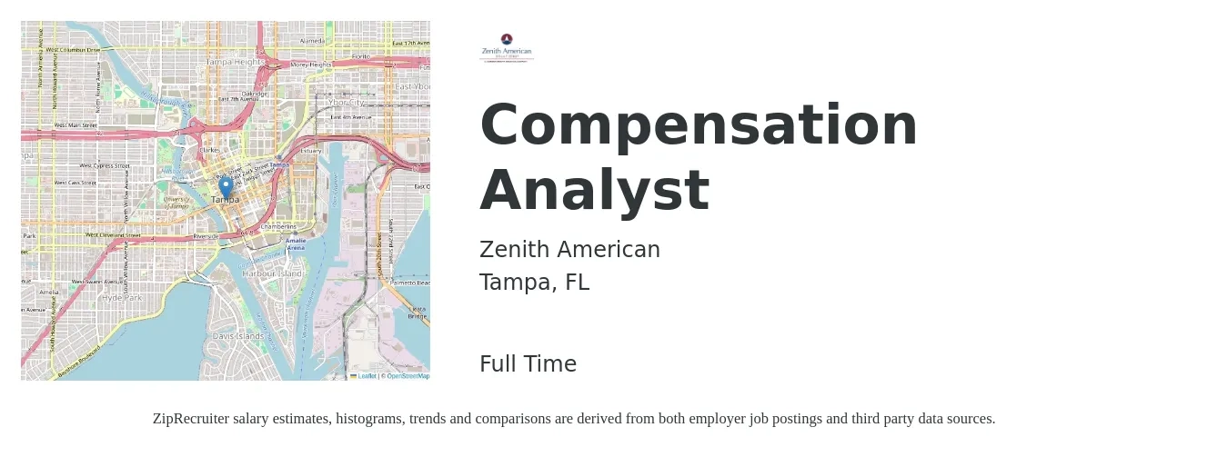 Zenith American job posting for a Compensation Analyst in Tampa, FL with a salary of $31 to $44 Hourly with a map of Tampa location.