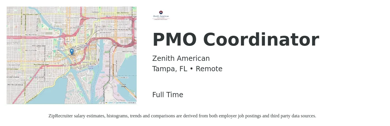 Zenith American job posting for a PMO Coordinator in Tampa, FL with a salary of $58 to $85 Hourly with a map of Tampa location.
