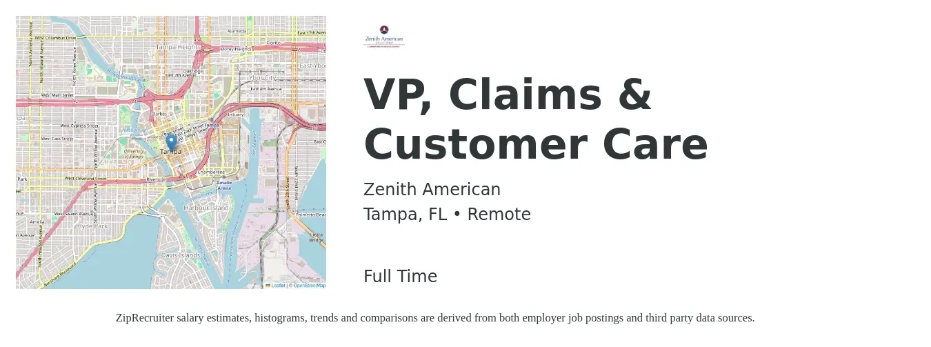Zenith American job posting for a VP, Claims & Customer Care in Tampa, FL with a salary of $16 to $21 Hourly with a map of Tampa location.