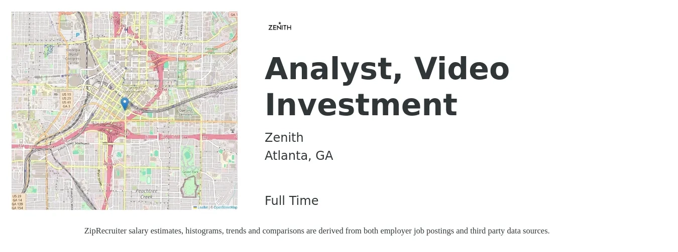 Zenith job posting for a Analyst, Video Investment in Atlanta, GA with a salary of $64,000 to $95,700 Yearly with a map of Atlanta location.