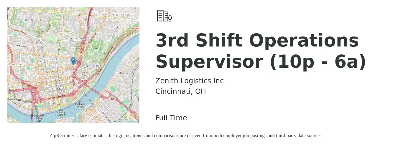 Zenith Logistics Inc job posting for a 3rd Shift Operations Supervisor (10p - 6a) in Cincinnati, OH with a map of Cincinnati location.