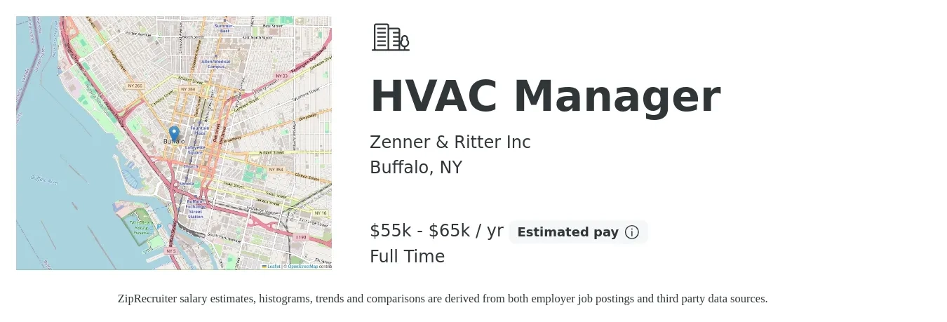 Zenner & Ritter Inc job posting for a HVAC Manager in Buffalo, NY with a salary of $55,000 to $65,000 Yearly with a map of Buffalo location.