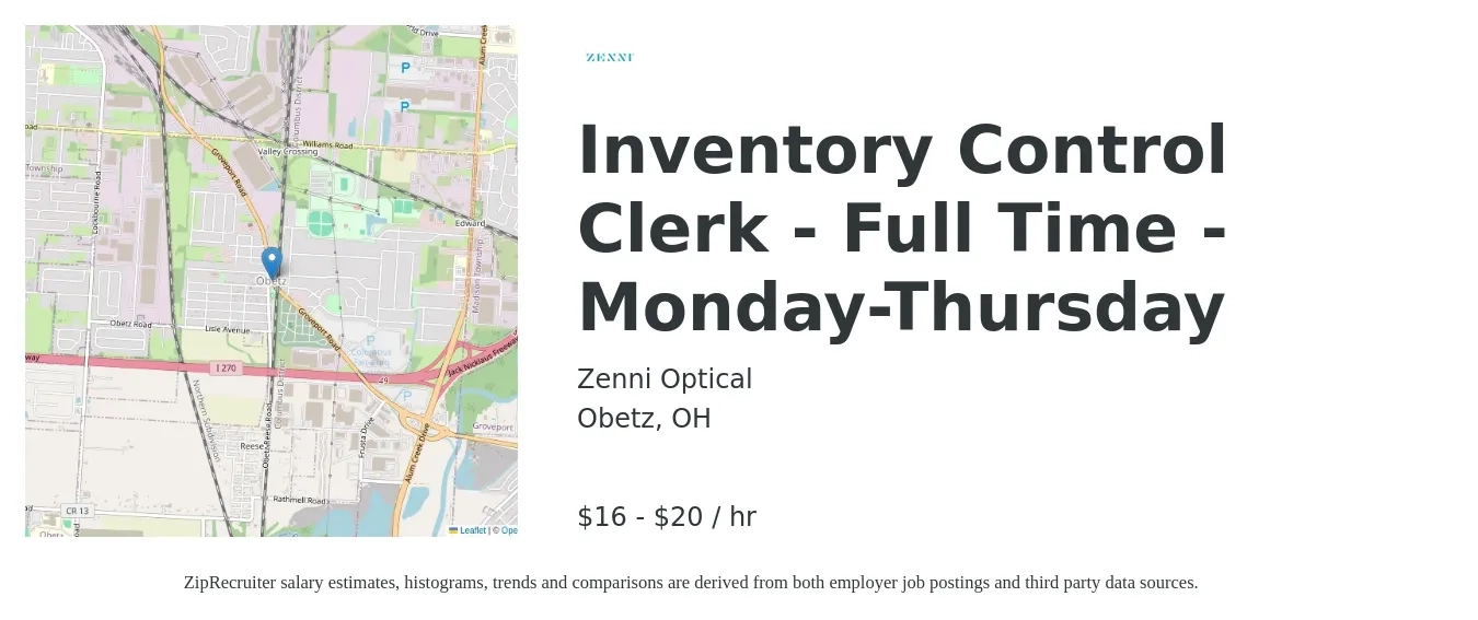 Zenni Optical job posting for a Inventory Control Clerk - Full Time - Monday-Thursday in Obetz, OH with a salary of $17 to $21 Hourly with a map of Obetz location.