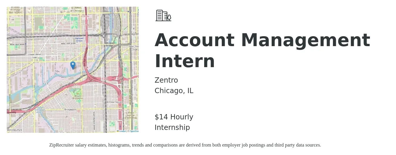 Zentro job posting for a Account Management Intern in Chicago, IL with a salary of $15 Hourly with a map of Chicago location.