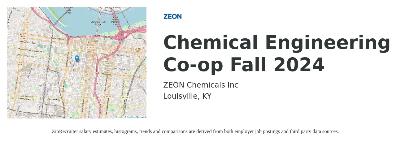 ZEON Chemicals Inc job posting for a Chemical Engineering Co-op Fall 2024 in Louisville, KY with a salary of $45,200 to $49,800 Yearly with a map of Louisville location.