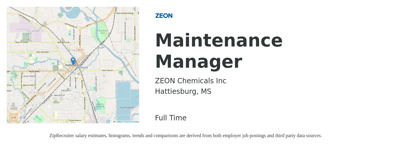 ZEON Chemicals Inc job posting for a Maintenance Manager in Hattiesburg, MS with a salary of $20 to $33 Hourly with a map of Hattiesburg location.