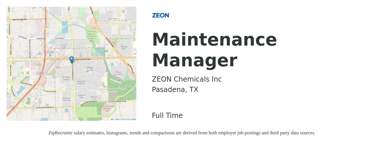 ZEON Chemicals Inc job posting for a Maintenance Manager in Pasadena, TX with a salary of $22 to $36 Hourly with a map of Pasadena location.