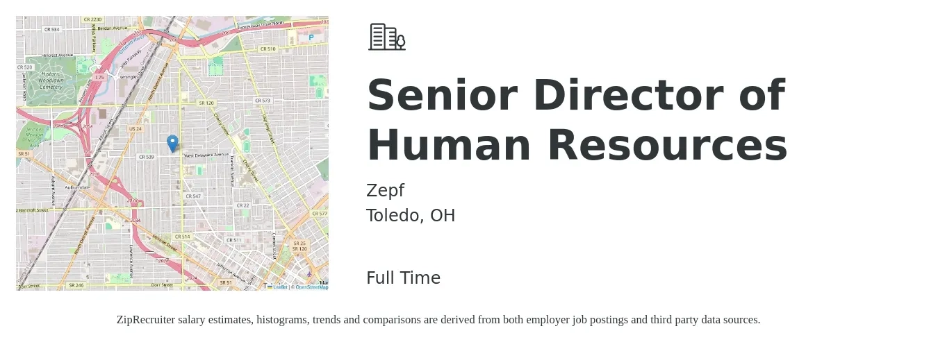 Zepf job posting for a Senior Director of Human Resources in Toledo, OH with a salary of $87,000 to $134,300 Yearly with a map of Toledo location.