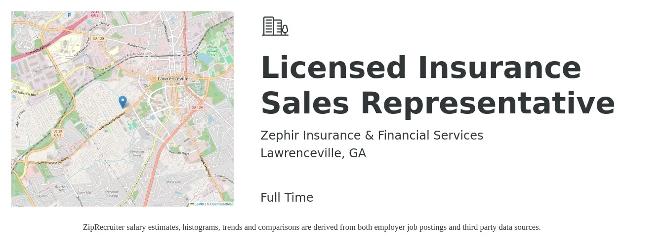 Zephir Insurance & Financial Services job posting for a Licensed Insurance Sales Representative in Lawrenceville, GA with a salary of $41,300 to $102,300 Yearly with a map of Lawrenceville location.