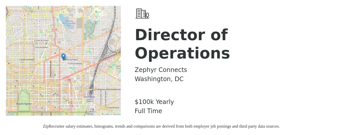 Zephyr Connects job posting for a Director of Operations in Washington, DC with a salary of $100,000 Yearly with a map of Washington location.