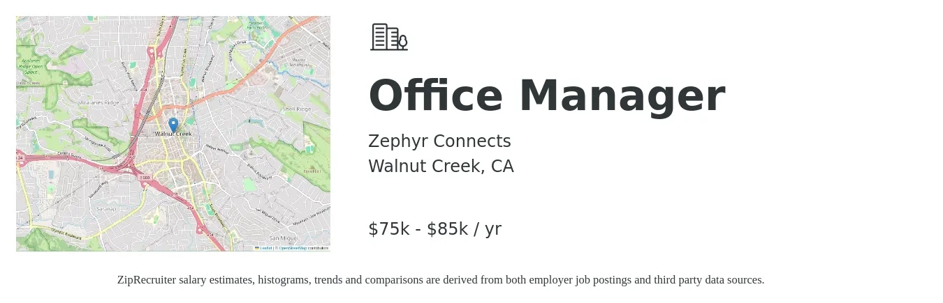 Zephyr Connects job posting for a Office Manager in Walnut Creek, CA with a salary of $75,000 to $85,000 Yearly with a map of Walnut Creek location.