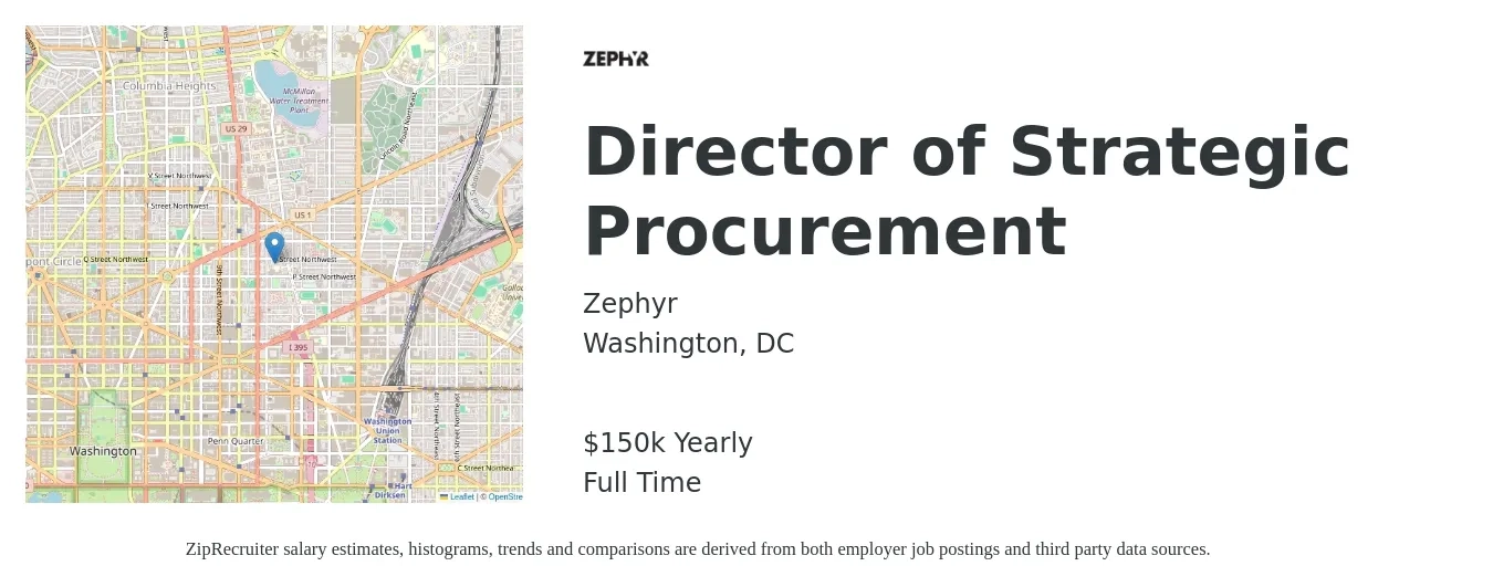 Zephyr job posting for a Director of Strategic Procurement in Washington, DC with a salary of $150,000 Yearly with a map of Washington location.