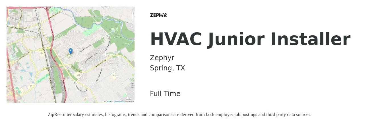 Zephyr job posting for a HVAC Junior Installer in Spring, TX with a salary of $19 to $29 Hourly with a map of Spring location.