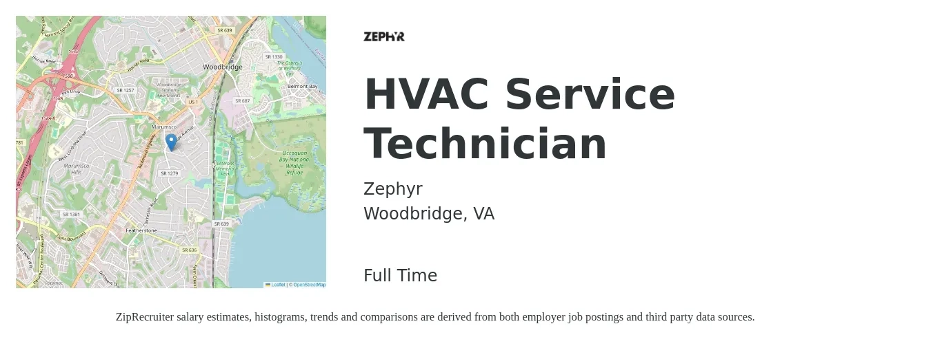 Zephyr job posting for a HVAC Service Technician in Woodbridge, VA with a salary of $25 to $34 Hourly with a map of Woodbridge location.