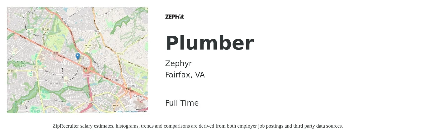 Zephyr job posting for a Plumber in Fairfax, VA with a salary of $25 to $37 Hourly with a map of Fairfax location.