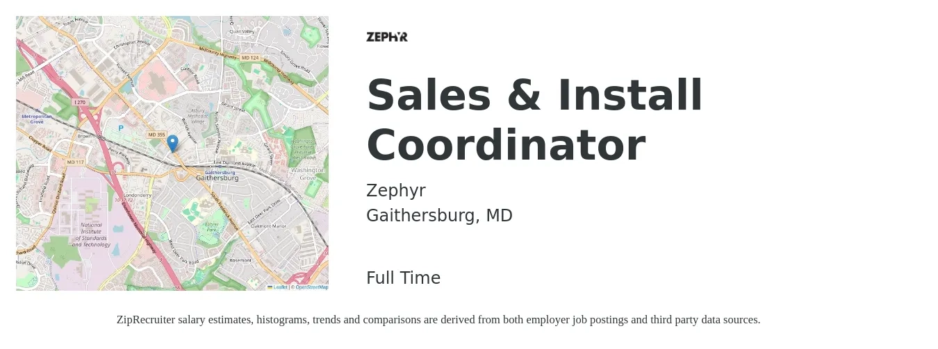 Zephyr job posting for a Sales & Install Coordinator in Gaithersburg, MD with a salary of $20 to $28 Hourly with a map of Gaithersburg location.