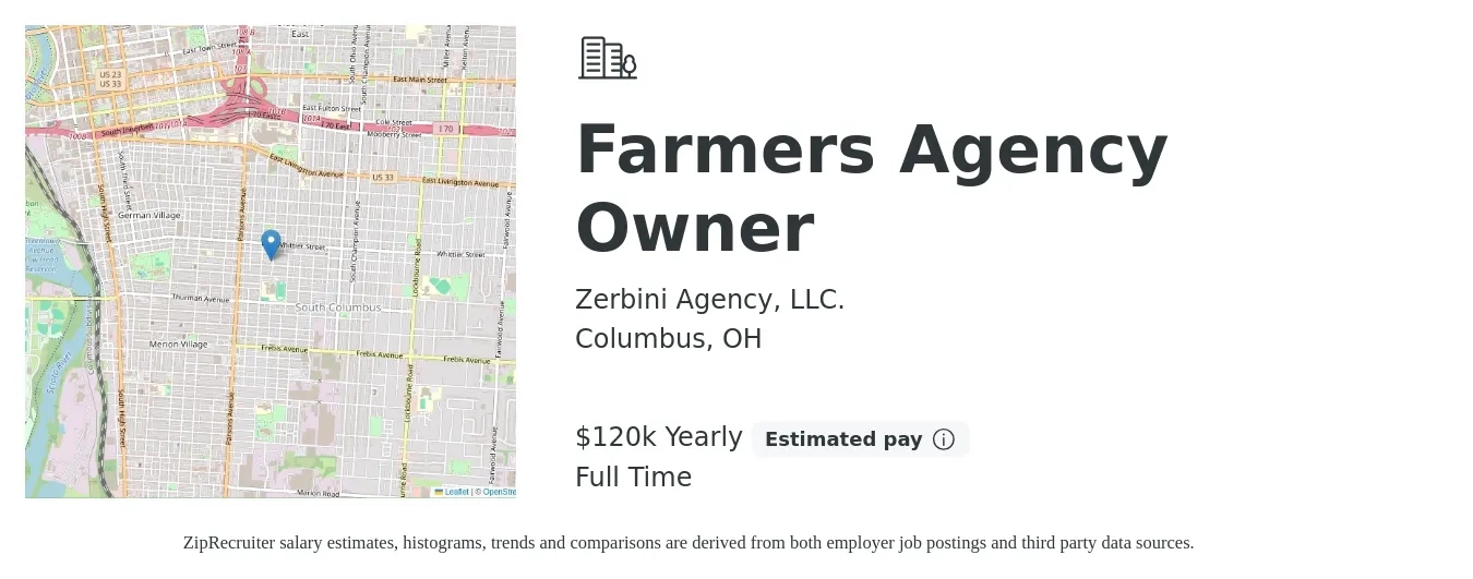 Zerbini Agency, LLC. job posting for a Farmers Agency Owner in Columbus, OH with a salary of $120,000 Yearly with a map of Columbus location.
