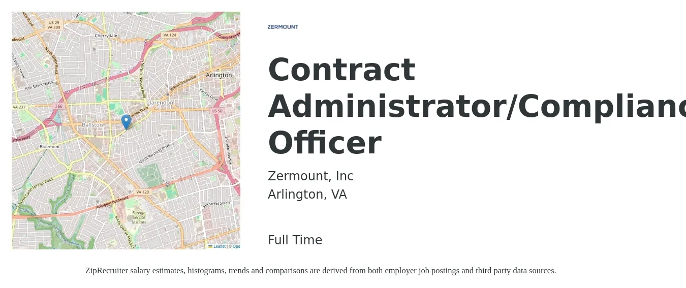 Zermount, Inc job posting for a Contract Administrator/Compliance Officer in Arlington, VA with a salary of $65,100 to $100,600 Yearly with a map of Arlington location.