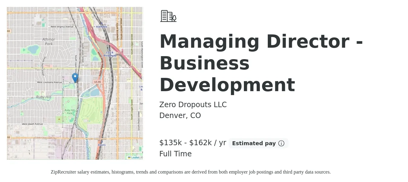 Zero Dropouts LLC job posting for a Managing Director - Business Development in Denver, CO with a salary of $96,400 to $156,200 Yearly with a map of Denver location.