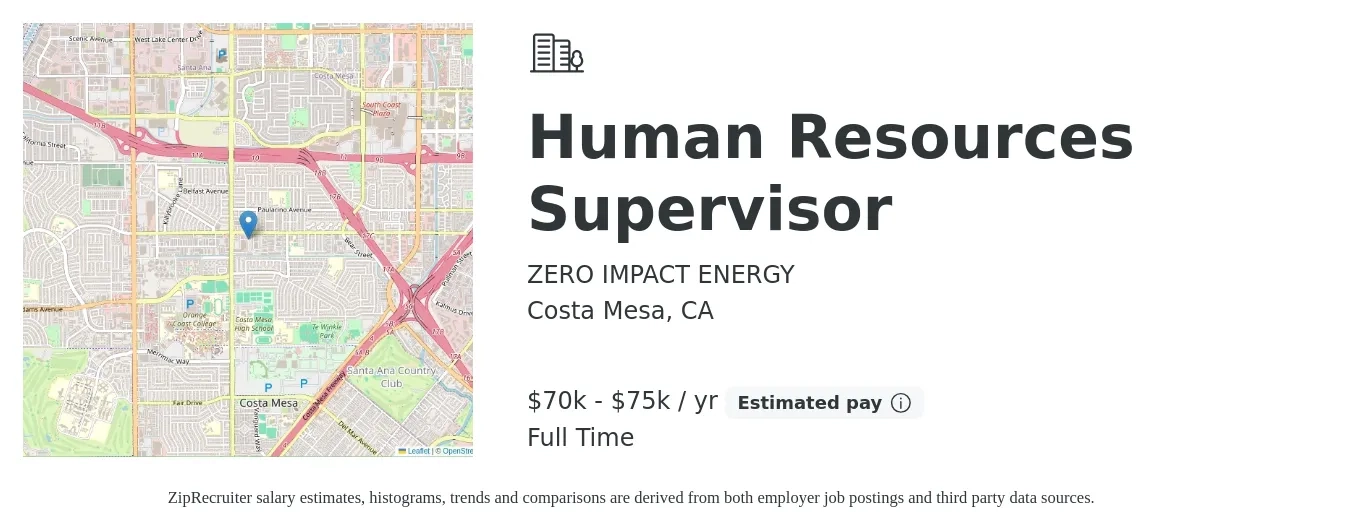 ZERO IMPACT ENERGY job posting for a Human Resources Manager in Costa Mesa, CA with a salary of $70,000 to $80,000 Yearly with a map of Costa Mesa location.
