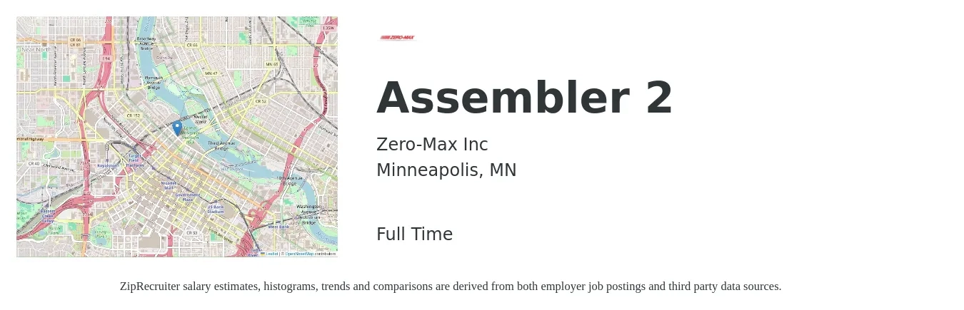Zero-Max Inc job posting for a Assembler 2 in Minneapolis, MN with a salary of $17 to $20 Hourly with a map of Minneapolis location.