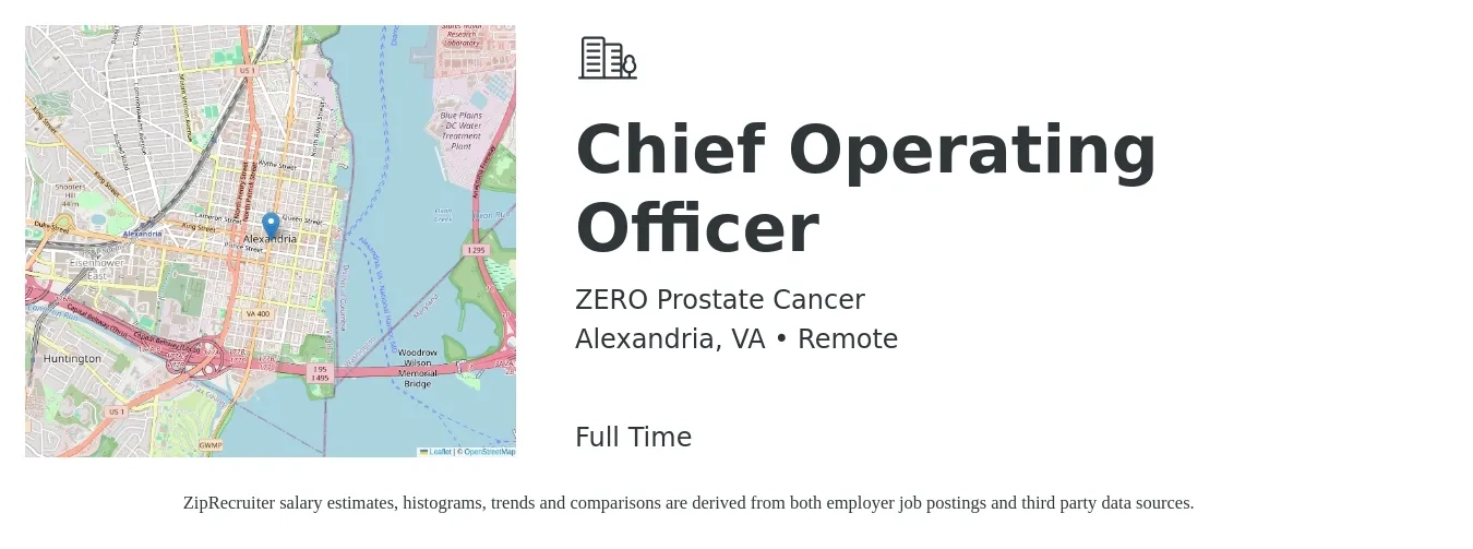 ZERO Prostate Cancer job posting for a Chief Operating Officer in Alexandria, VA with a salary of $119,200 to $197,700 Yearly with a map of Alexandria location.