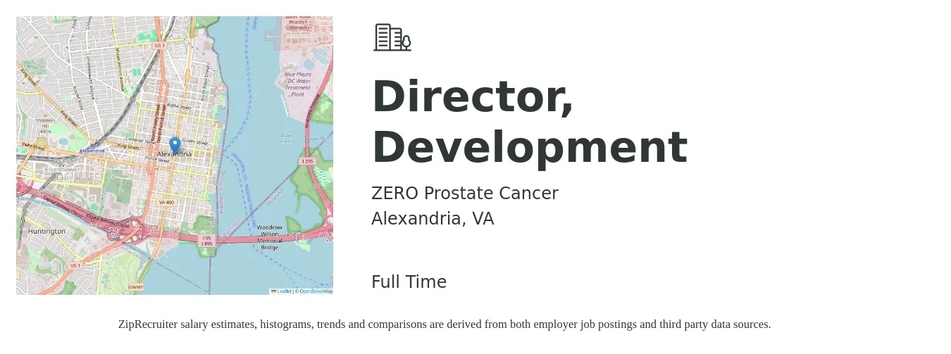 ZERO Prostate Cancer job posting for a Director, Development in Alexandria, VA with a salary of $74,900 to $116,100 Yearly with a map of Alexandria location.