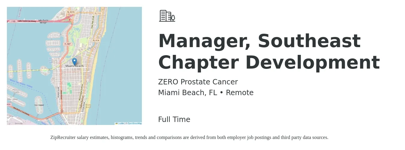 ZERO Prostate Cancer job posting for a Manager, Southeast Chapter Development in Miami Beach, FL with a salary of $57,800 to $89,400 Yearly with a map of Miami Beach location.