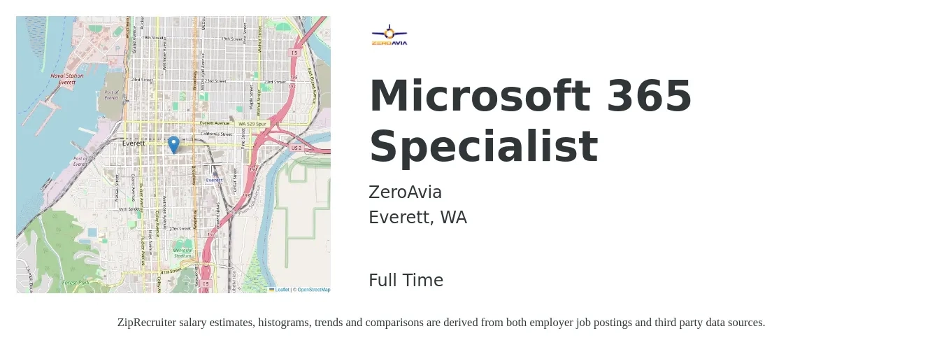 ZeroAvia job posting for a Microsoft 365 Specialist in Everett, WA with a salary of $75,000 to $100,000 Yearly with a map of Everett location.