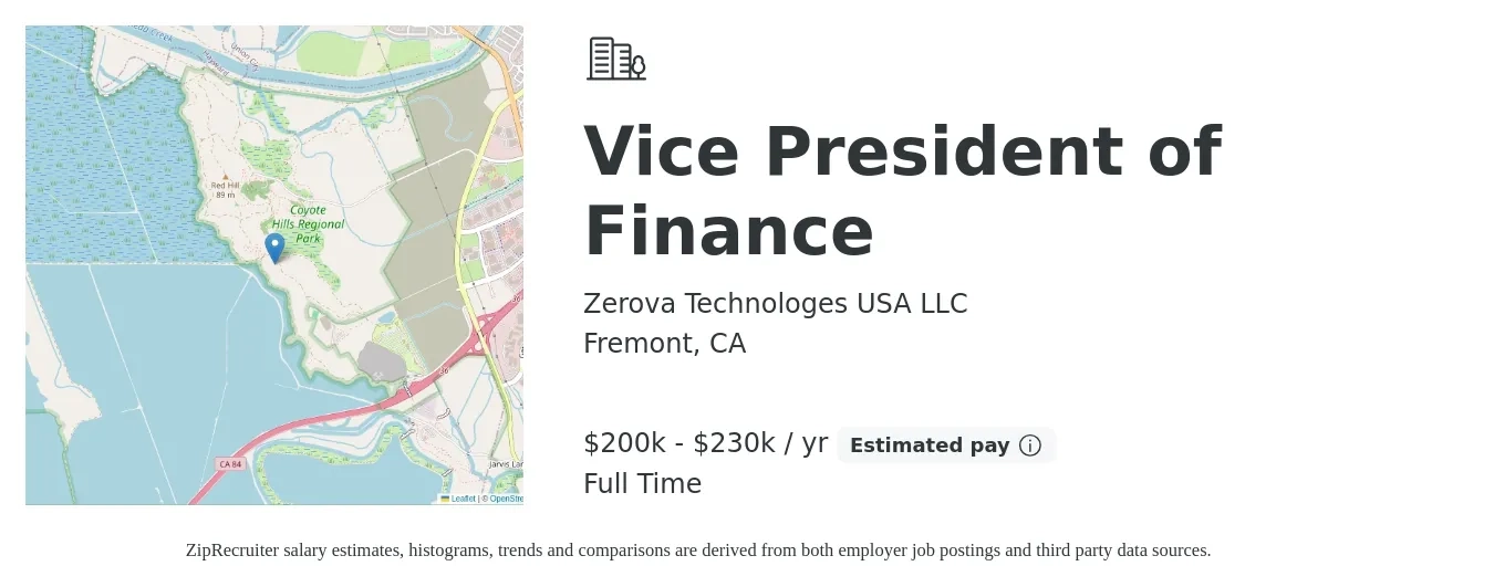 Zerova Technologes USA LLC job posting for a Vice President of Finance in Fremont, CA with a salary of $200,000 to $230,000 Yearly with a map of Fremont location.