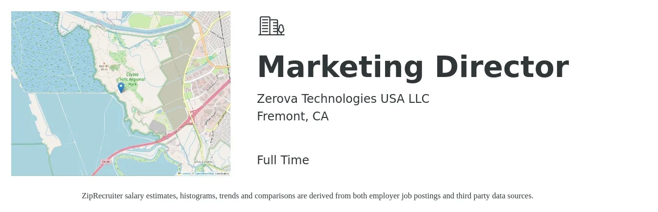 Zerova Technologies USA LLC job posting for a Marketing Director in Fremont, CA with a salary of $84,700 to $155,800 Yearly with a map of Fremont location.
