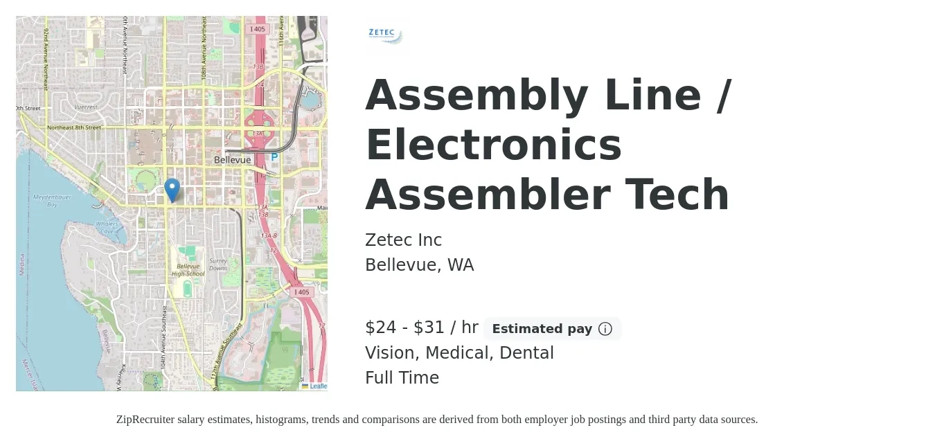 Zetec Inc job posting for a Assembly Line / Electronics Assembler Tech in Bellevue, WA with a salary of $25 to $33 Hourly and benefits including dental, life_insurance, medical, retirement, and vision with a map of Bellevue location.