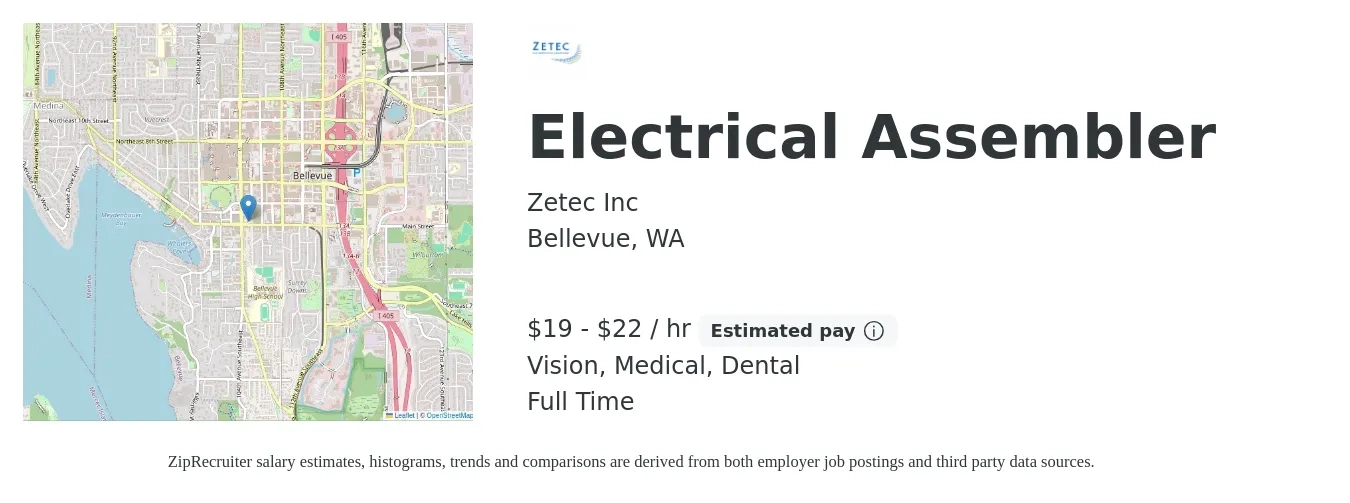 Zetec Inc job posting for a Electrical Assembler in Bellevue, WA with a salary of $20 to $23 Hourly and benefits including dental, life_insurance, medical, retirement, and vision with a map of Bellevue location.