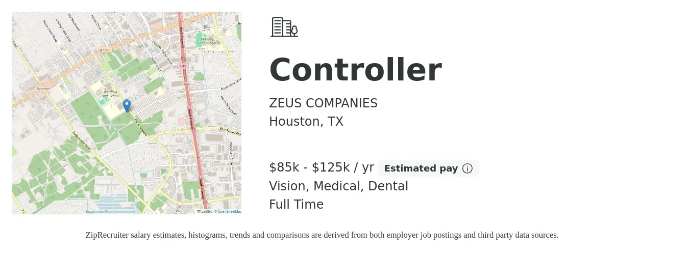 ZEUS COMPANIES job posting for a Controller in Houston, TX with a salary of $85,000 to $125,000 Yearly and benefits including dental, life_insurance, medical, pto, and vision with a map of Houston location.