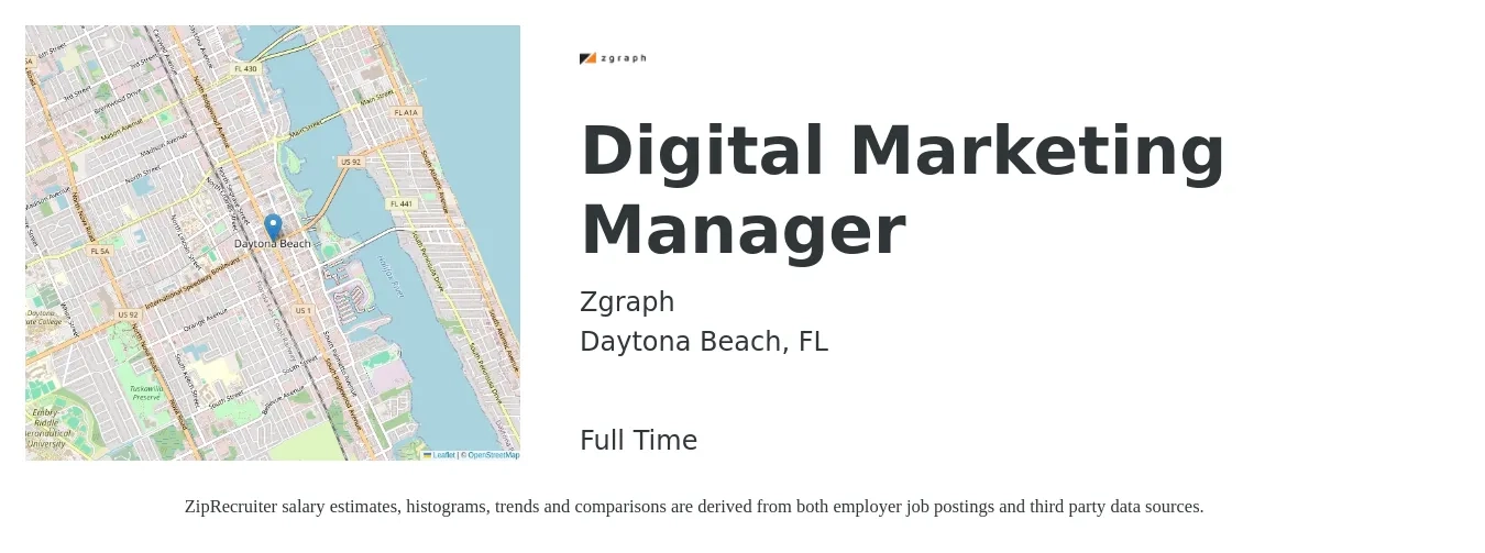 Zgraph job posting for a Digital Marketing Manager in Daytona Beach, FL with a salary of $45,000 to $70,000 Yearly with a map of Daytona Beach location.