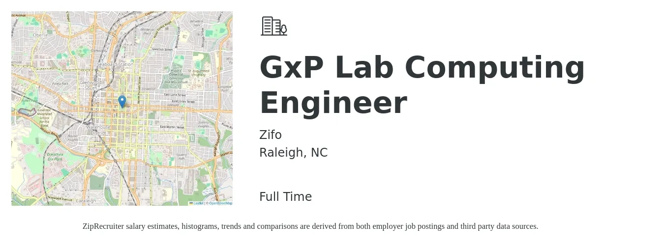 Zifo job posting for a GxP Lab Computing Engineer in Raleigh, NC with a salary of $37 to $61 Hourly with a map of Raleigh location.