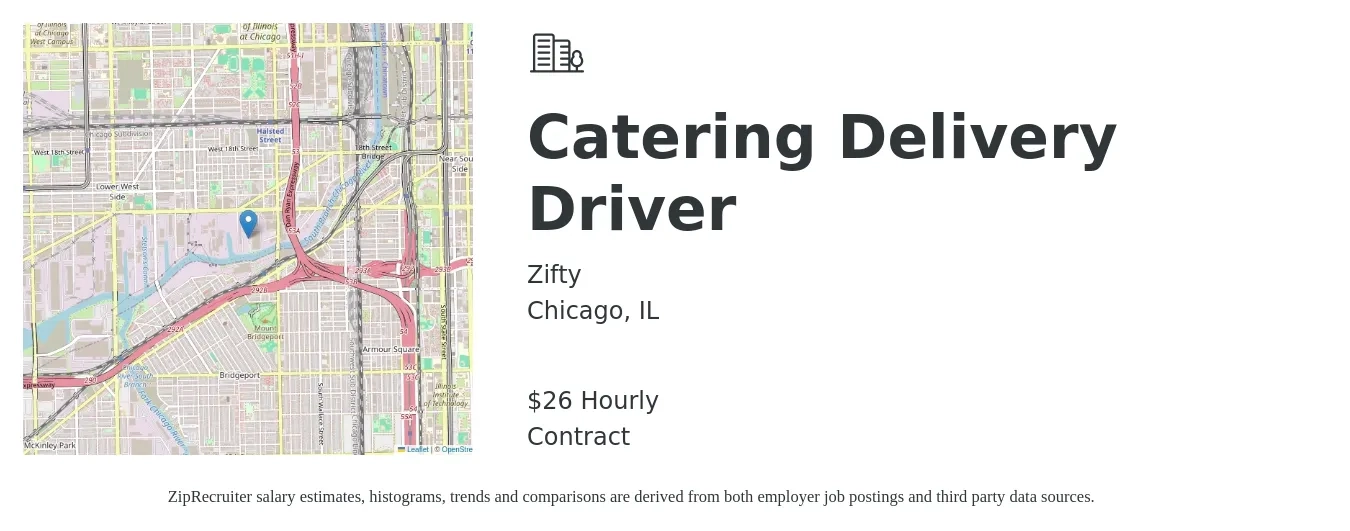 Zifty job posting for a Catering Delivery Driver in Chicago, IL with a salary of $28 Hourly with a map of Chicago location.