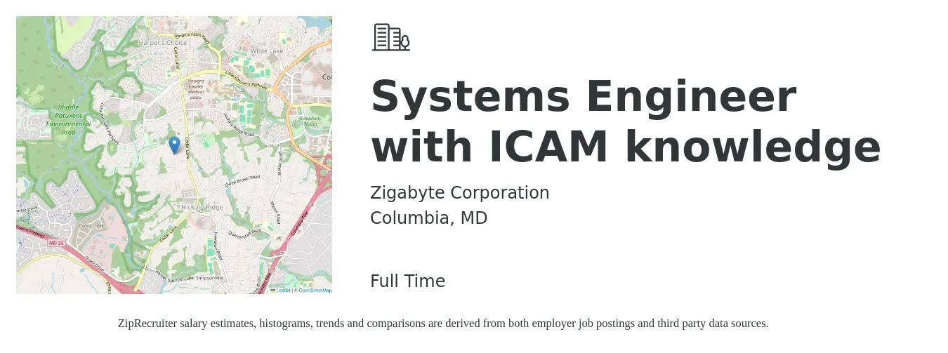 Zigabyte Corporation job posting for a Systems Engineer with ICAM knowledge in Columbia, MD with a salary of $97,300 to $155,800 Yearly with a map of Columbia location.