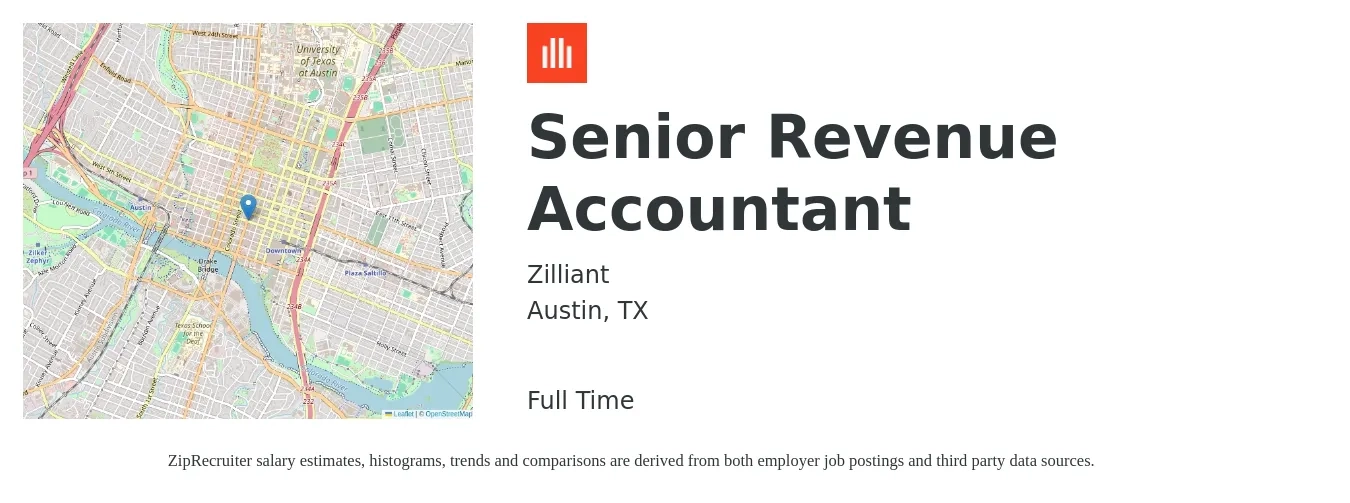 Zilliant job posting for a Senior Revenue Accountant in Austin, TX with a salary of $79,800 to $104,100 Yearly with a map of Austin location.