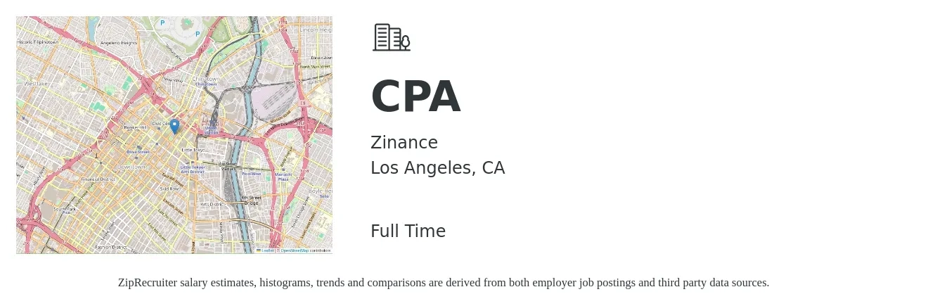 Zinance job posting for a CPA in Los Angeles, CA with a salary of $80,800 to $111,000 Yearly with a map of Los Angeles location.